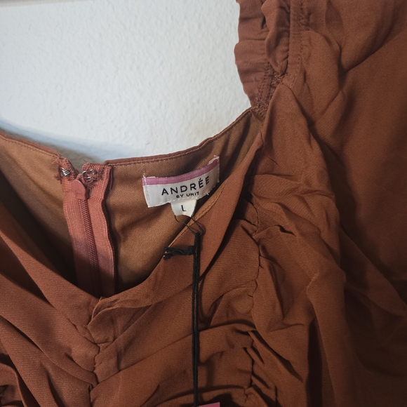Andrée By Unit Brown Long Sleeve Ruffle Boho Mini Fall Dress New Size Large - Picture 3 of 6